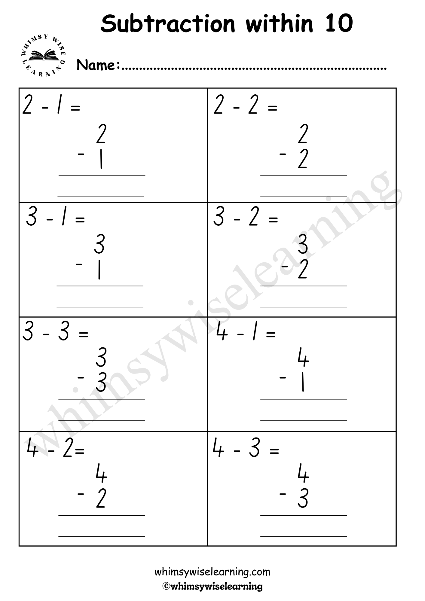 2 in 1 Subtraction within 10