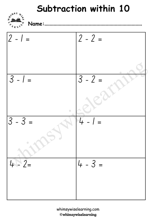 2 in 1 Subtraction within 10